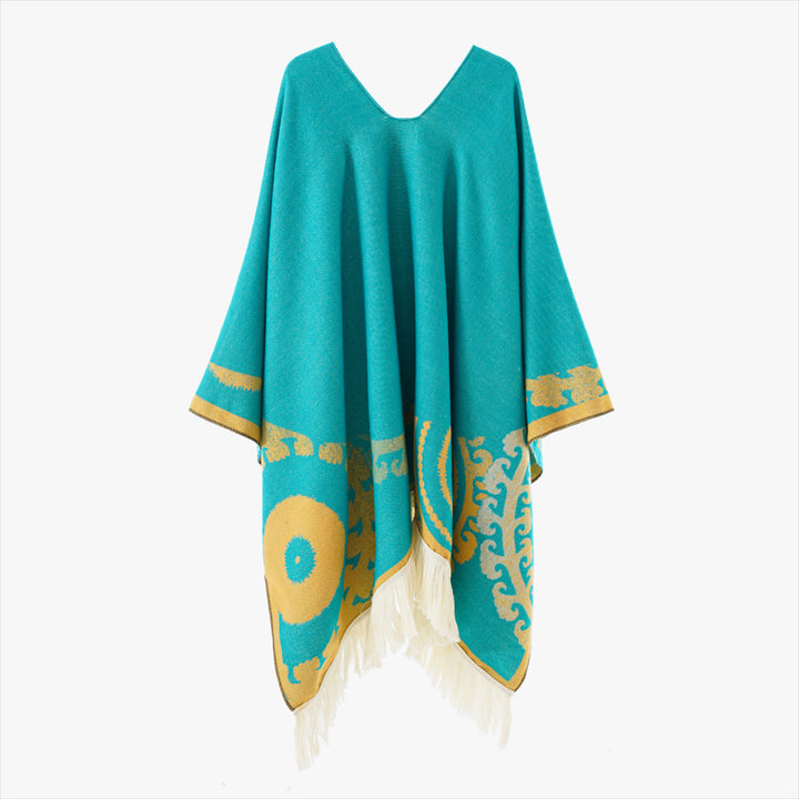 Damen Wollmix-Medallionponcho mit V-Ausschnitt und Fransensaum Drune