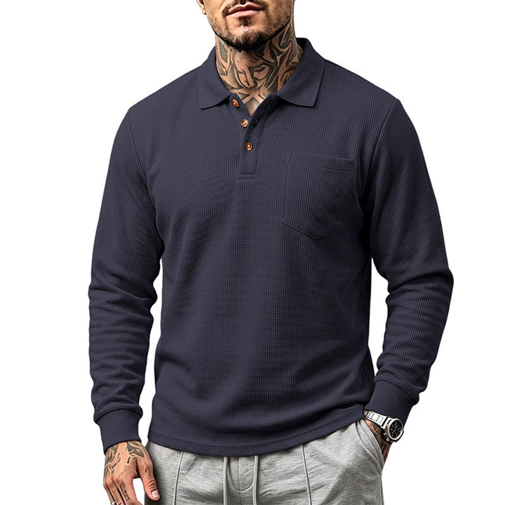 Herren Waffelstrukturiertes Langarm-Poloshirt mit Brusttasche und Holzknopfleiste Drune