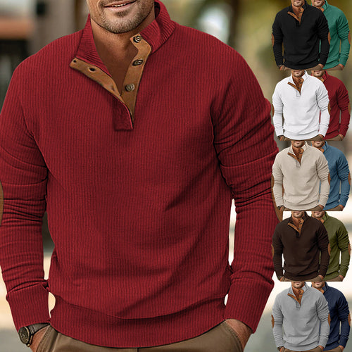 Herren nan gerippter Stehkragen-Strickpullover mit verdeckter Knopfleiste und Lederimitat-Ellenbogenbesatz Drune
