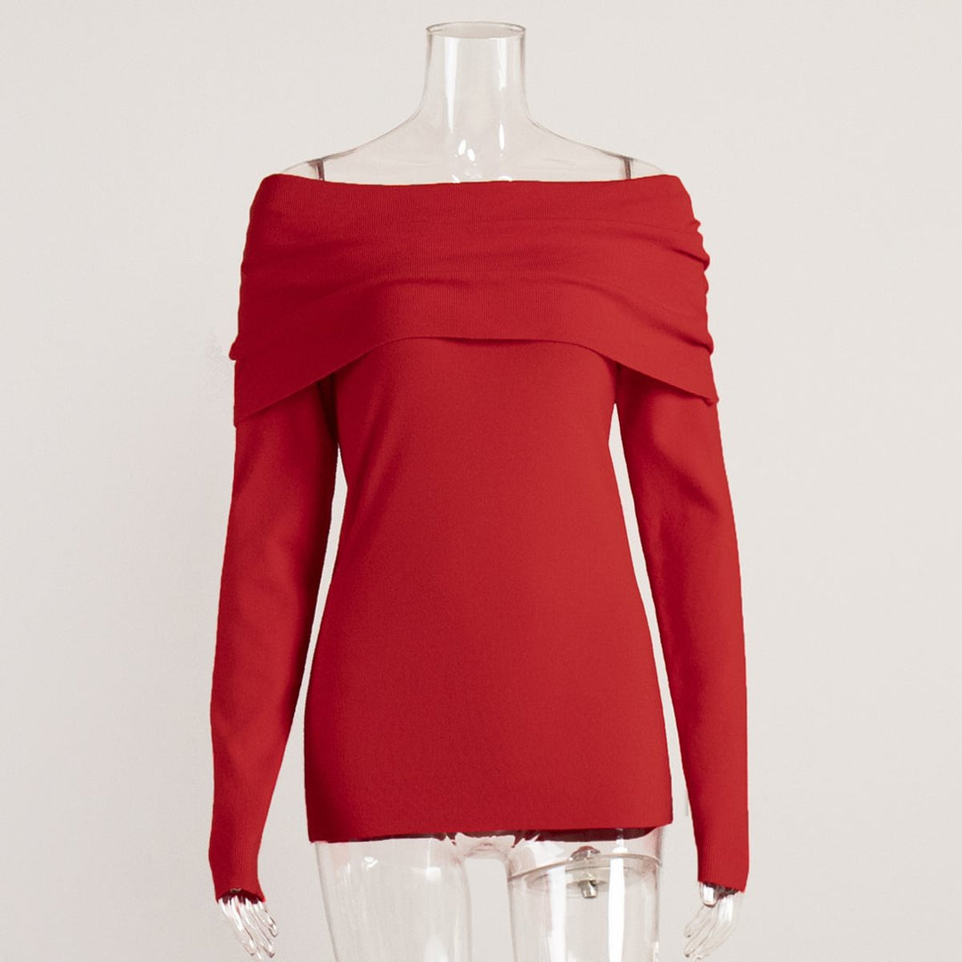 Damen schulterfreier Feinstrick-Pullover mit umlegbarem Carmenkragen Drune