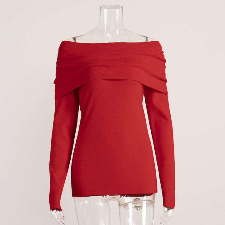 Damen schulterfreier Feinstrick-Pullover mit umlegbarem Carmenkragen Drune