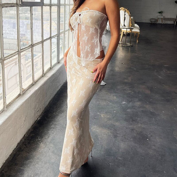 Damen transparenter Spitzen-Maxi-Rock Drune