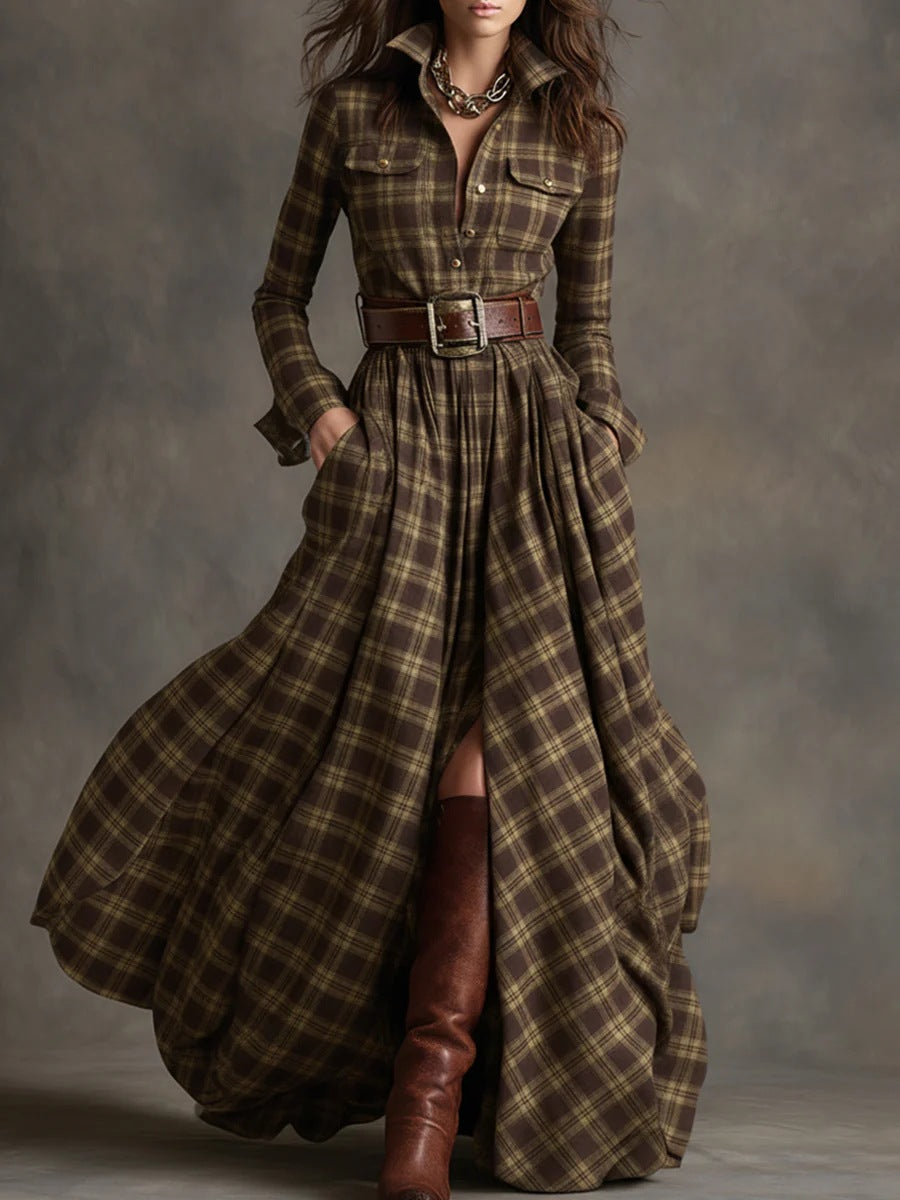Damen nan karierte Maxikleid Hemdblusenkleid mit ausgestelltem Rock und breitem Taillengürtel Drune