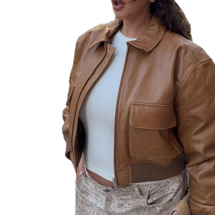 Damen Kurze Lederoptik-Blousonjacke mit großen Pattentaschen und geripptem Bund Drune