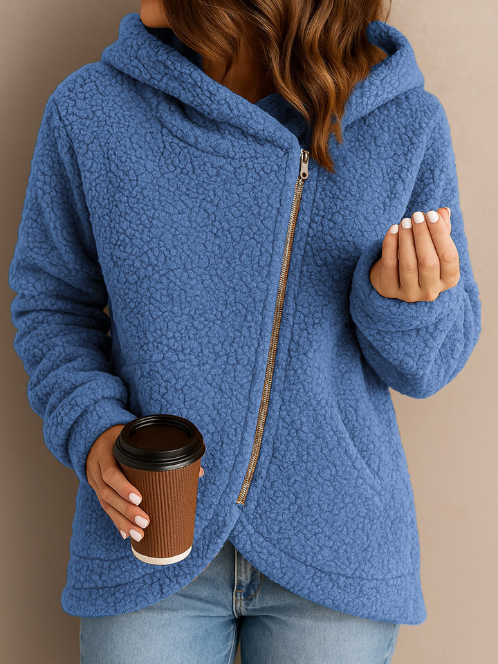 Damen Flauschige Kapuzenjacke mit asymmetrischem Reißverschluss Drune