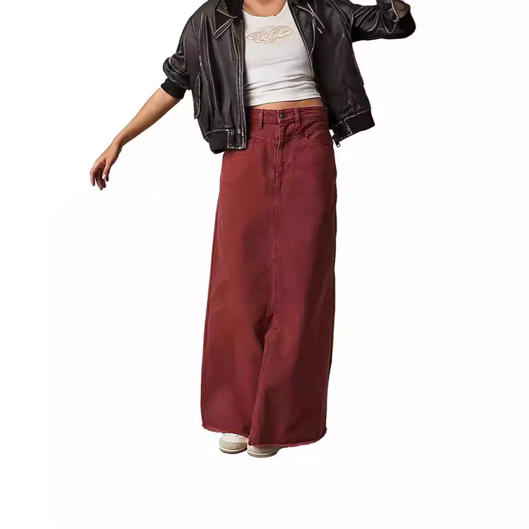 Damen Langer Denim-Rock mit hohem Bund und praktischen Taschen Drune