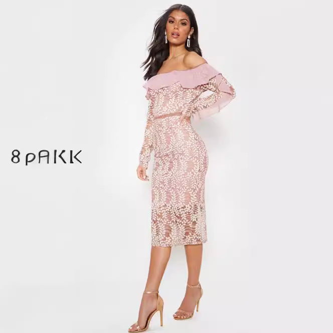 Damen Off-Shoulder Spitzenkleid mit voluminösen Rüschen und figurbetontem Schnitt Drune