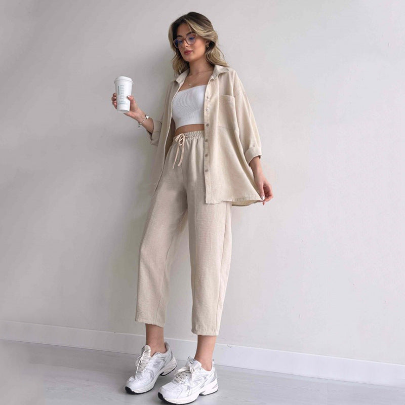 Damen lässige Loungewear-Kombination mit leichtem Leinenhemd und elastischer Hose Drune