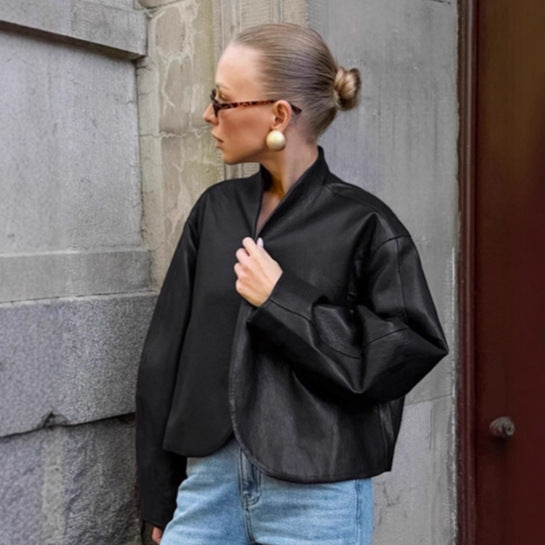 Damen modische Cropped Jacke mit voluminösen Ärmeln Drune