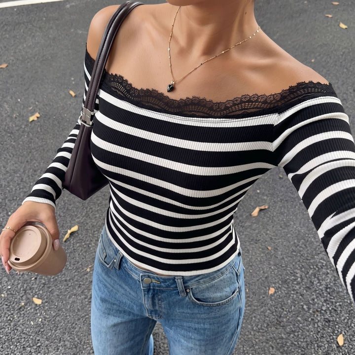 Damen Off-Shoulder Streifenoberteil mit Spitzenrand Drune