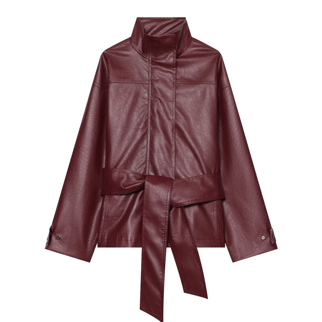 Damen Taillierte Kunstlederjacke mit hohem Stehkragen und Bindegürtel Drune