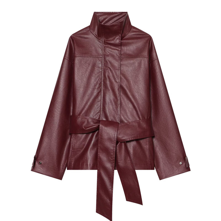 Damen Taillierte Kunstlederjacke mit hohem Stehkragen und Bindegürtel Drune