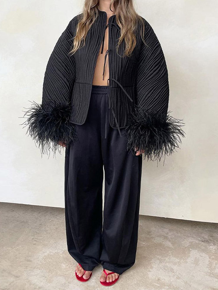 Damen elegante Jacke mit aufwendigen Fell-Ärmeln Drune