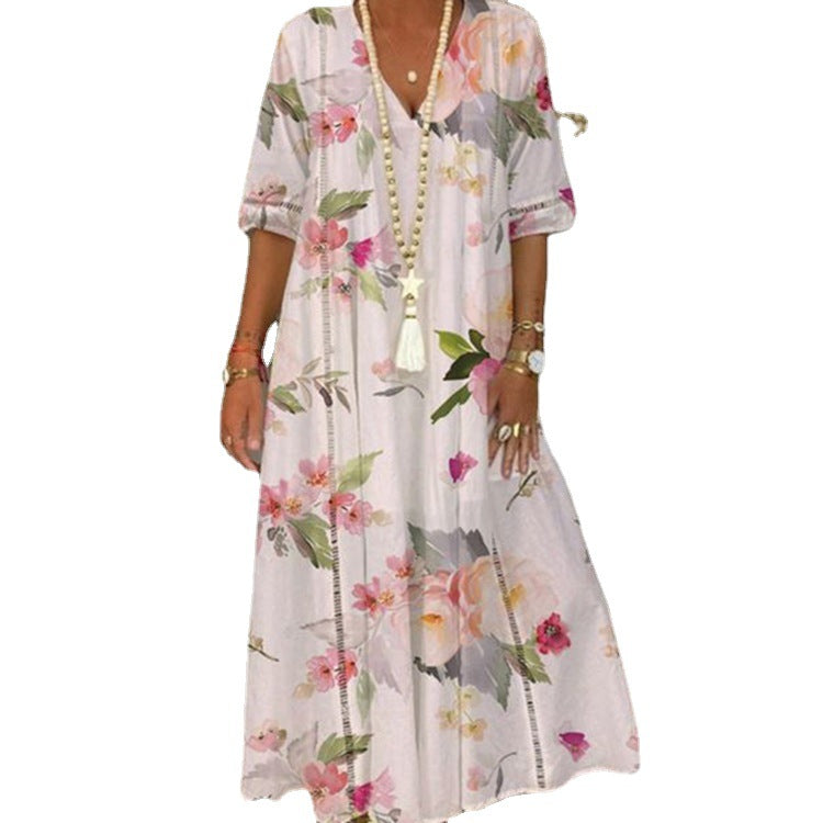 Damen nan locker fließendes Kaftan-Midimaxikleid mit V-Ausschnitt, ajourbesetzten Bahnen und leichter Leinenmisch-Qualität Drune
