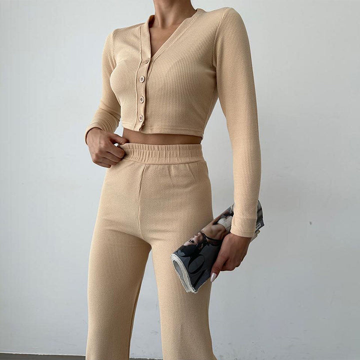 Damen modisches Cropped-Set mit langärmligem Oberteil und weiter Hose Drune