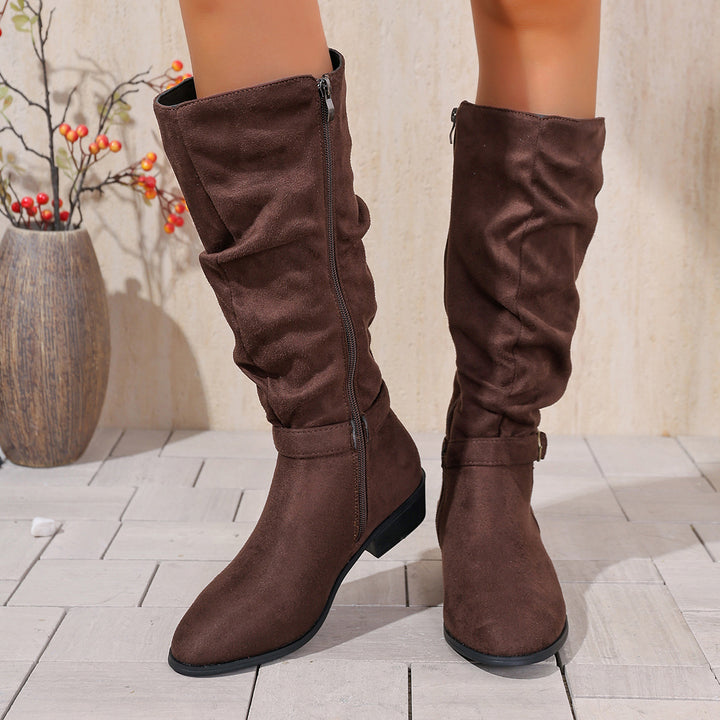 Damen kniehoher Slouch-Stiefel aus weichem Microvelours mit Ziergurt und niedrigem Blockabsatz Drune