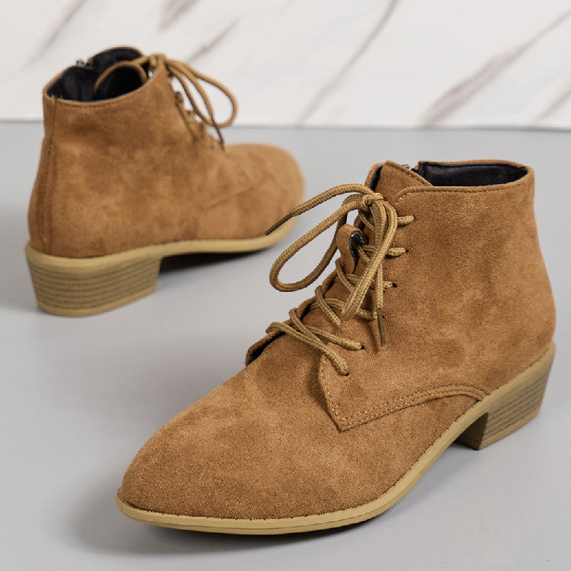 Damen nan knöchelhohe Schnürstiefelette aus Veloursoptik mit seitlichem Reißverschluss und niedrigem Blockabsatz Drune