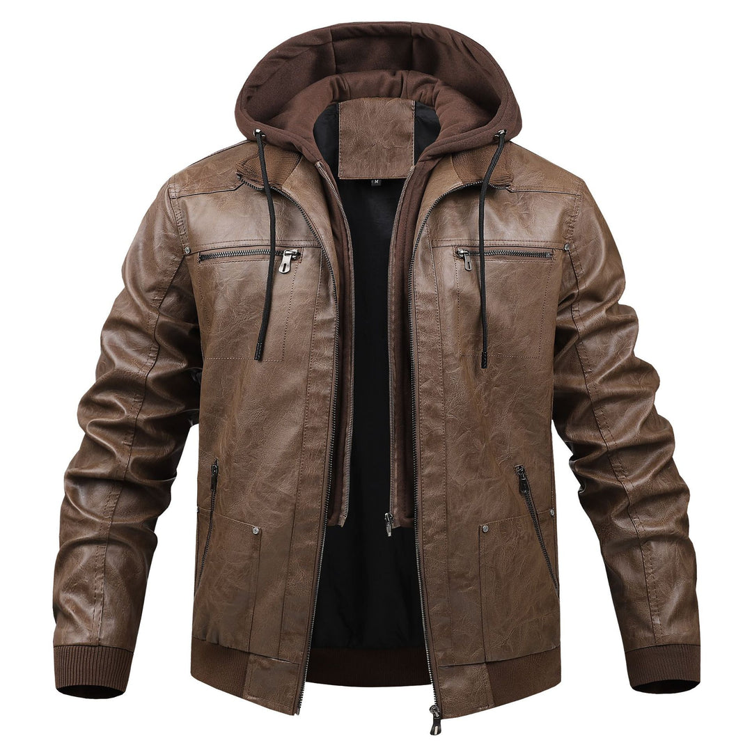 Herren Modische Kunstlederjacke mit abnehmbarer Kapuze Drune