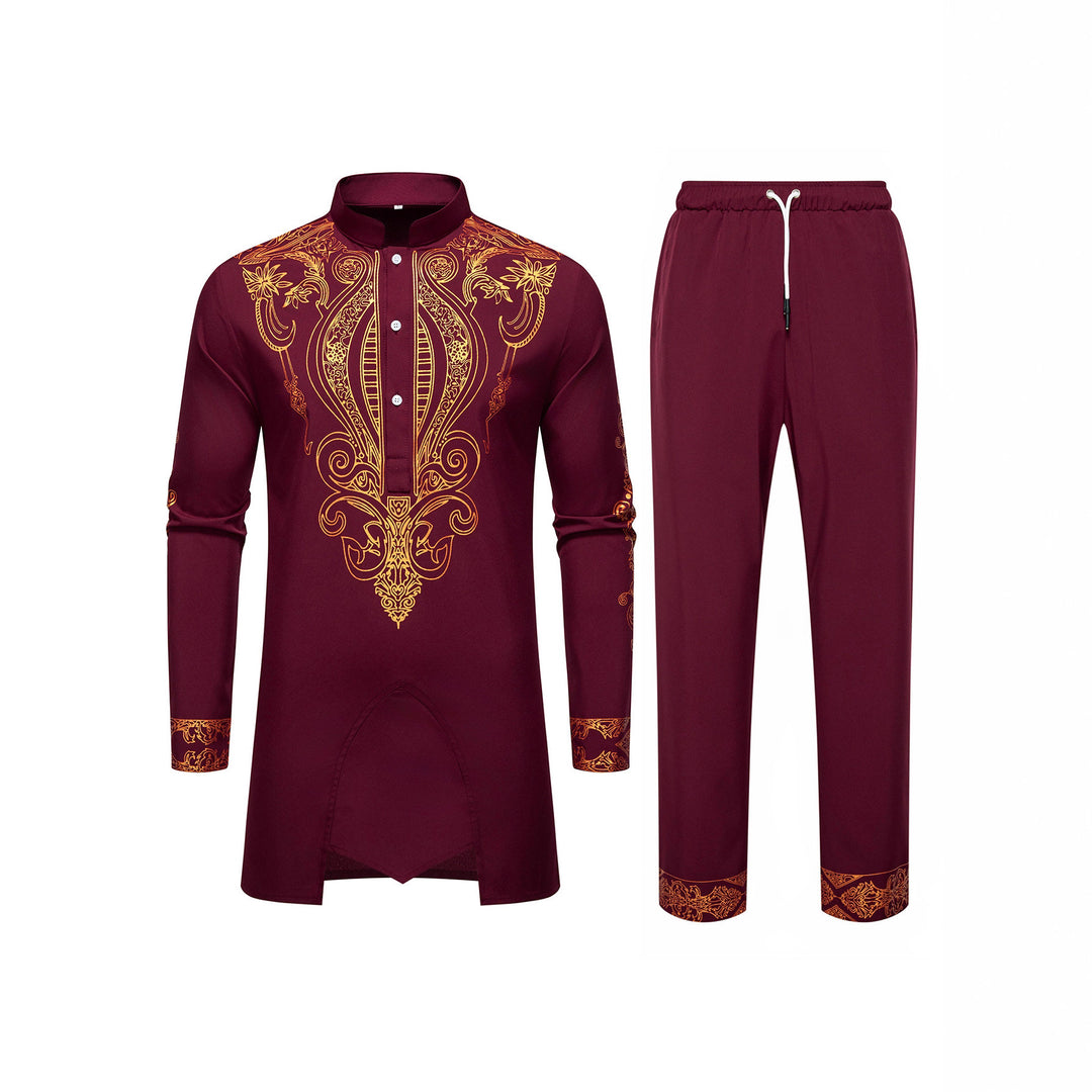 Herren Tunika Anzug mit Stehkragen und ornamentaler Goldapplikation Drune