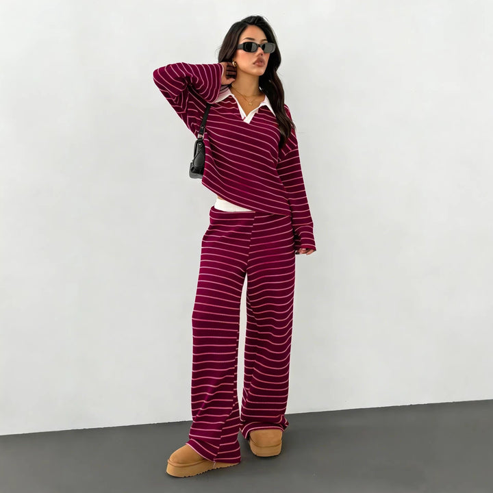 Damen lässiges Streifen-Loungewear-Set mit Kragen Drune