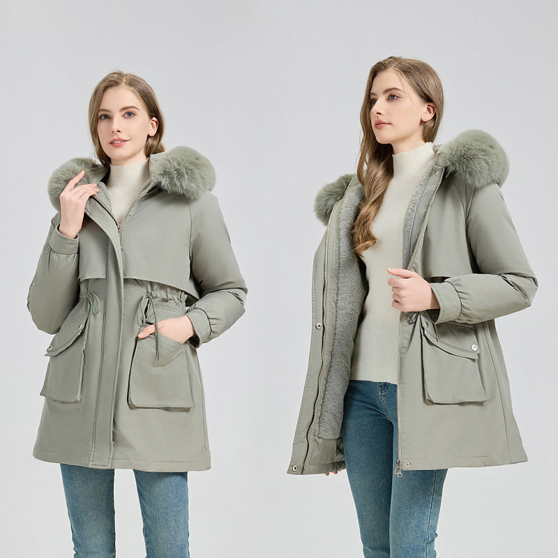 Damen nan funktionaler Thermoparka mit innenliegendem Teddyfutter, verstellbarer Kordel-Taille und großen Aufsatztaschen Drune