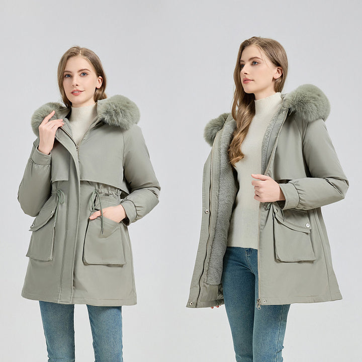 Damen nan funktionaler Thermoparka mit innenliegendem Teddyfutter, verstellbarer Kordel-Taille und großen Aufsatztaschen Drune