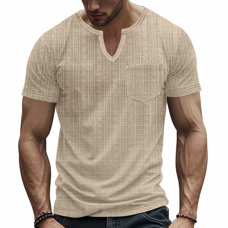 Herren Kurzarm V-Ausschnitt T-Shirt mit Brusttasche Drune
