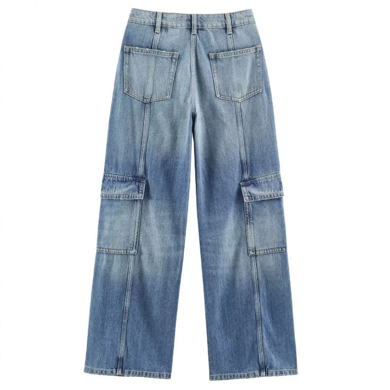 Damen Jeans‑Cargo‑Hose mit weitem Bein, Ziernähten und aufgesetzten Klappentaschen Drune