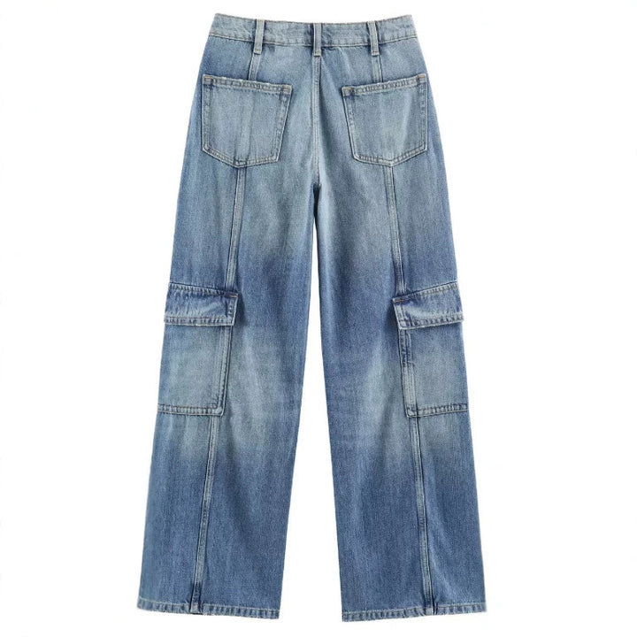 Damen Jeans‑Cargo‑Hose mit weitem Bein, Ziernähten und aufgesetzten Klappentaschen Drune