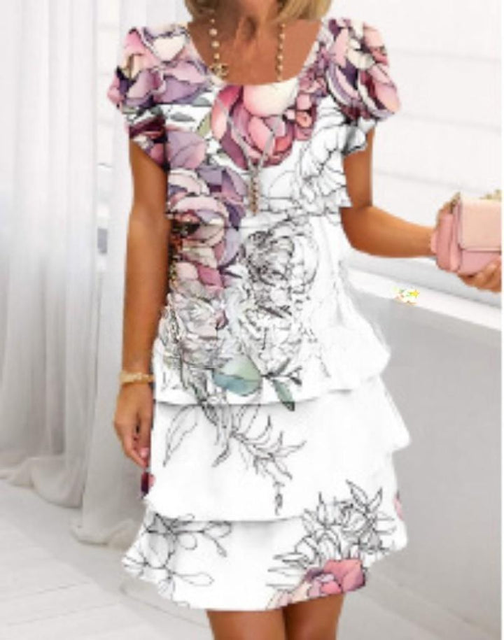 Damen Fließendes Maxi-Kleid mit eleganten Volant-Details und kreativem Grafikmuster Drune