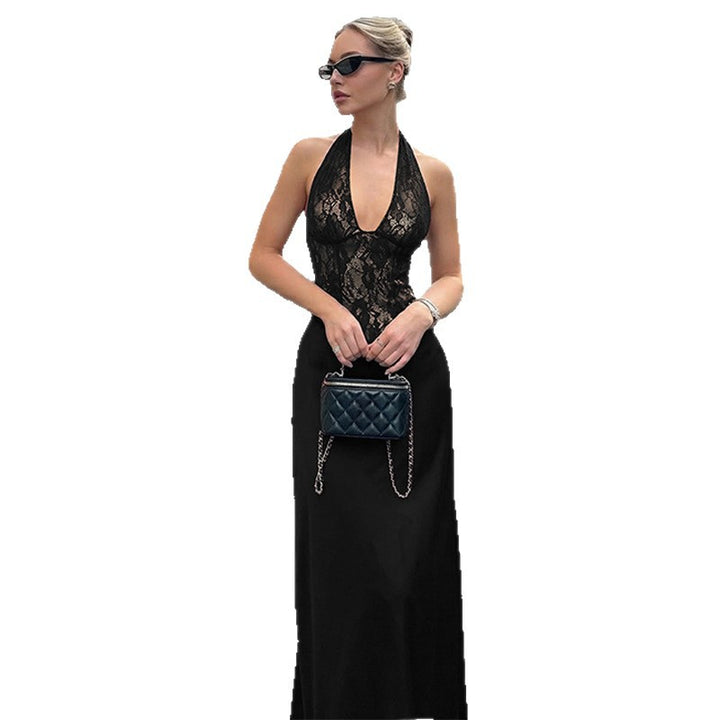 Damen Elegantes Maxikleid mit tiefem V-Ausschnitt und Spitzeneinsatz Drune