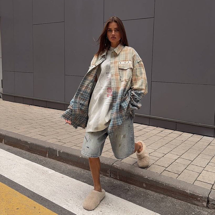 Damen Oversized Karo-Hemdjacke mit Taschen Drune