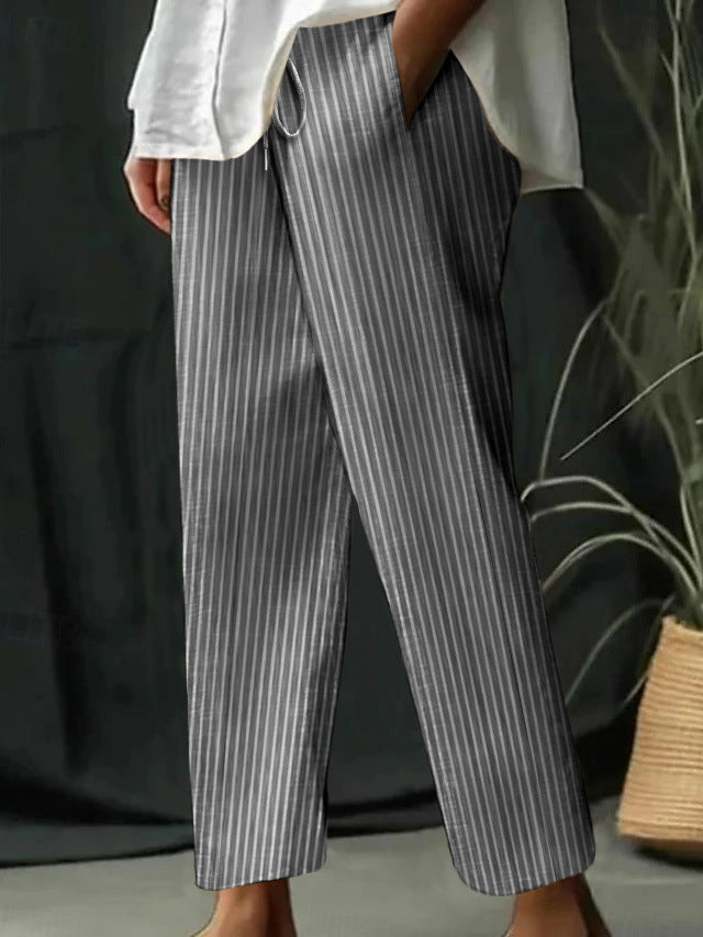 Damen gestreifte Leinen-Optik-Hose mit hohem Bund, Kordelzug und geradem, cropped Schnitt Drune