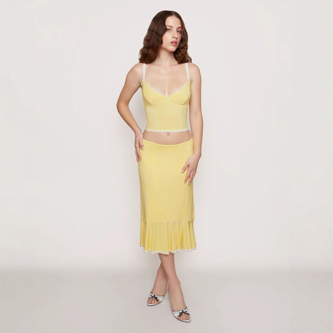 Damen elegantes Set aus Spaghetti-Trägeroberteil und wadenlangem Rock mit Rüschensaum Drune