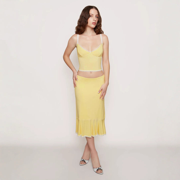Damen elegantes Set aus Spaghetti-Trägeroberteil und wadenlangem Rock mit Rüschensaum Drune