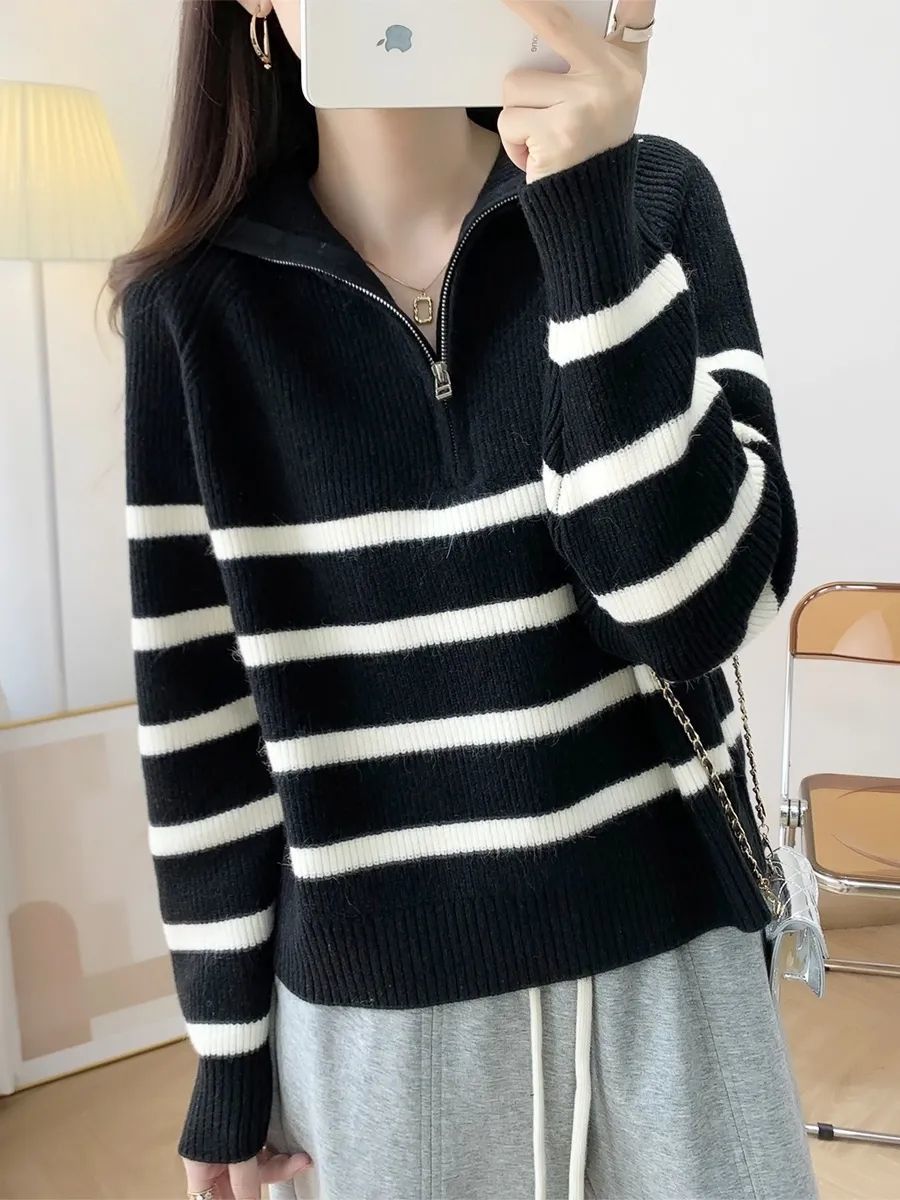 Damen gemütlicher Strickpullover mit Halbzipper Drune