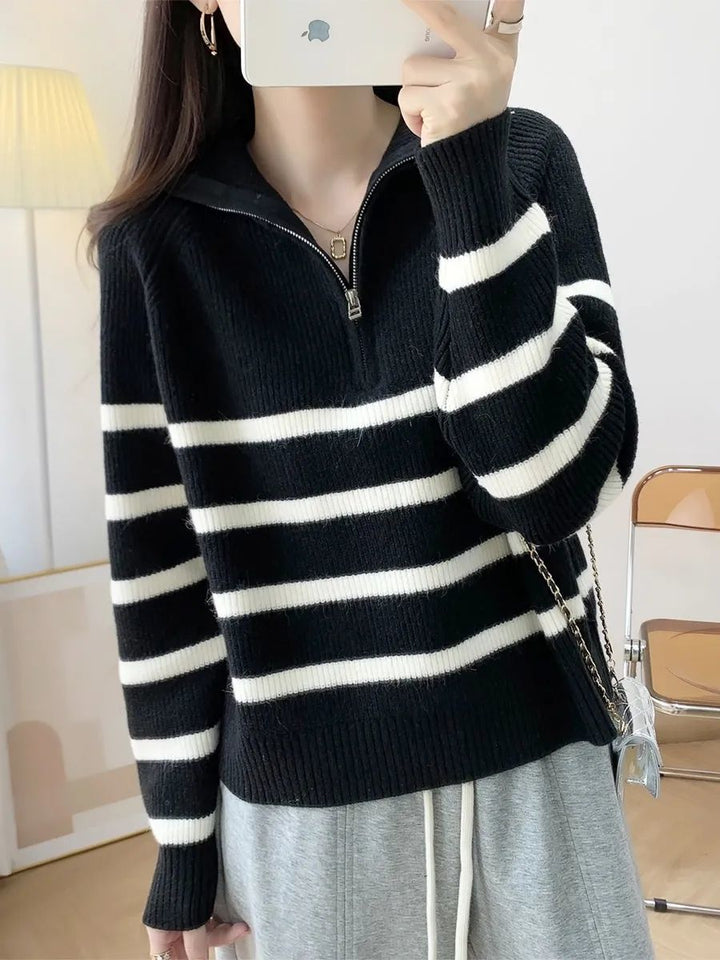 Damen gemütlicher Strickpullover mit Halbzipper Drune