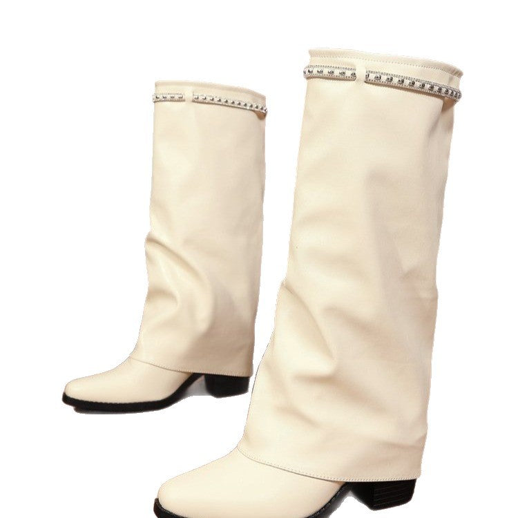 Damen Kniehohe Slouch‑Stiefel mit niedrigem Blockabsatz und Strassbesatz Drune