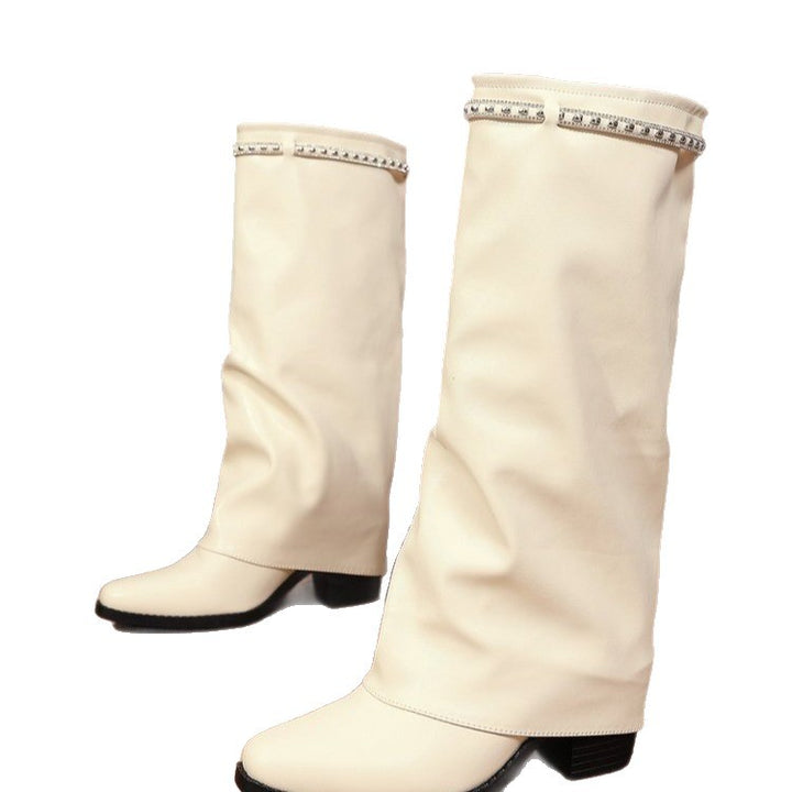 Damen Kniehohe Slouch‑Stiefel mit niedrigem Blockabsatz und Strassbesatz Drune