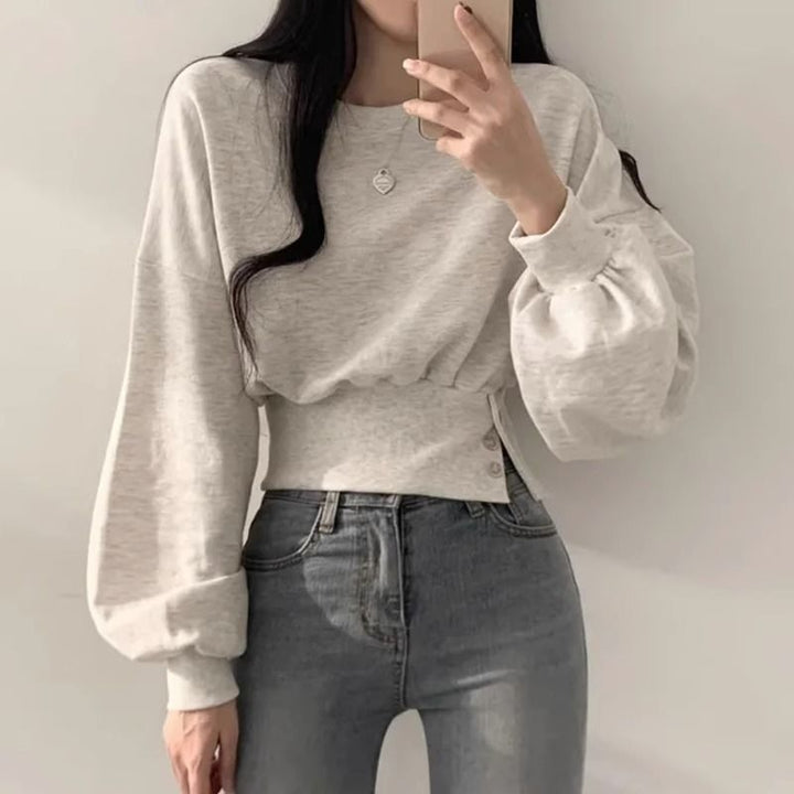 Damen modischer cropped Sweatpullover mit Puffärmeln Drune