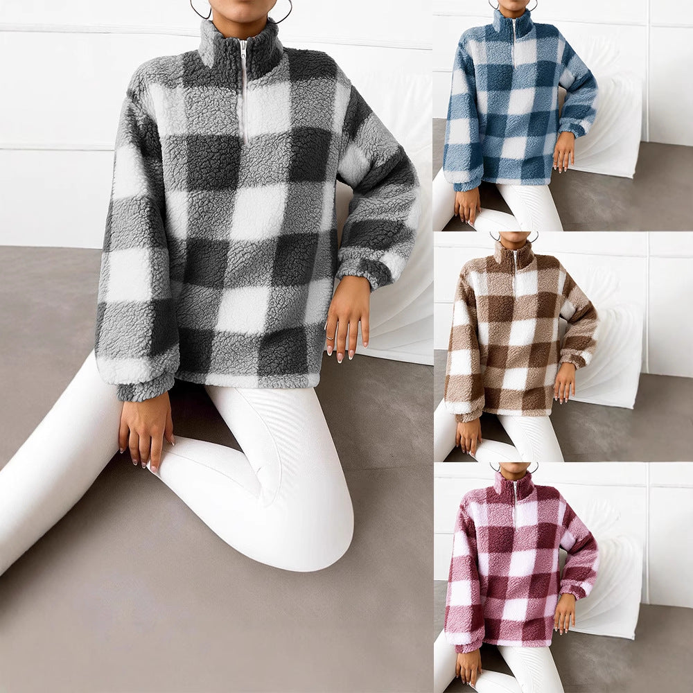Damen nan kariertes Teddy-Fleece Pullover mit Stehkragen und halbhohem Reißverschluss Drune
