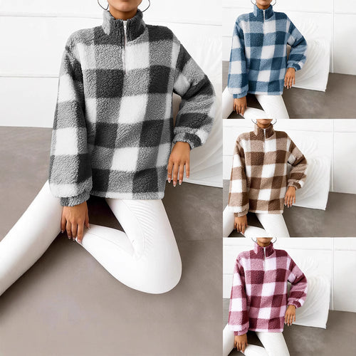 Damen nan kariertes Teddy-Fleece Pullover mit Stehkragen und halbhohem Reißverschluss Drune