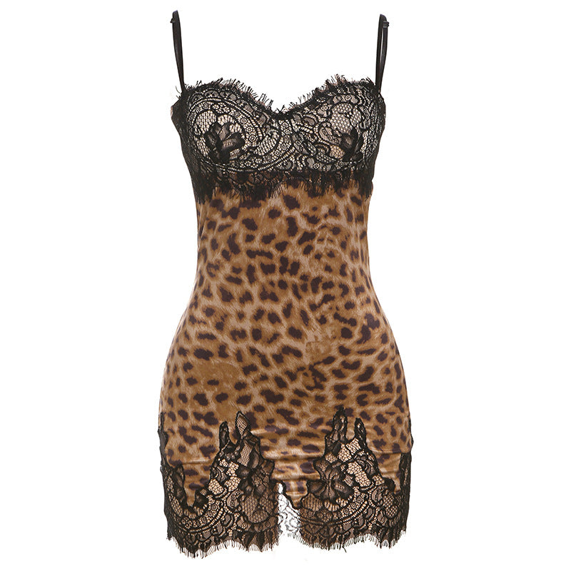 Damen Elegantes Spitzen-Nachtkleid mit Leopardenmuster und verführerischen Details Drune