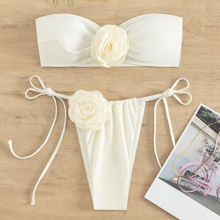 Damen Bandeau-Bikini mit dekorativen Blumenapplikationen Drune
