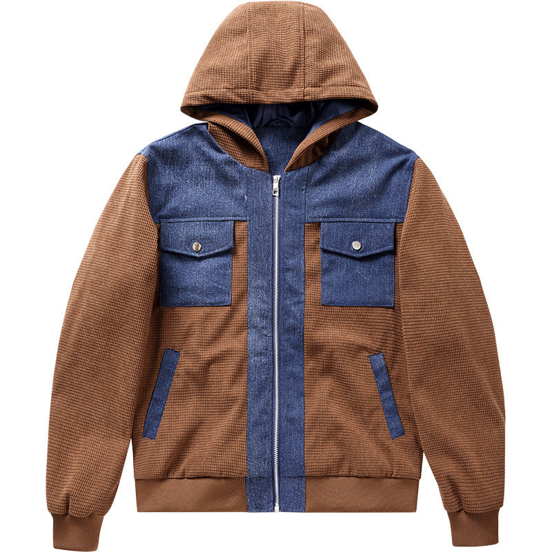 Herren  Hybrid Kapuzen-Waffelstrick- und Denim-Panel-Bomberjacke Drune