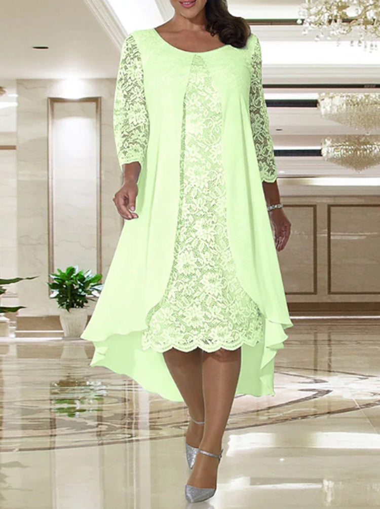 Damen nan elegantes Chiffon-Spitzenkleid mit Vokuhila-Überwurf und dreiviertelärmeln Drune