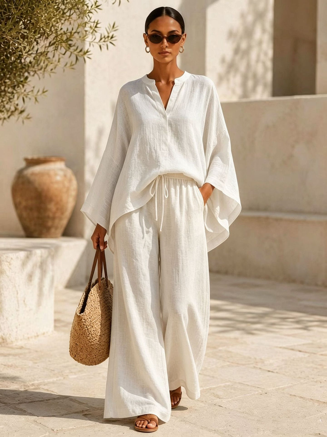 Damen Leichte Leinenmischung Übergroße Kaftan-Oberteil und Kordelzug Weitbein-Hosen Set Drune