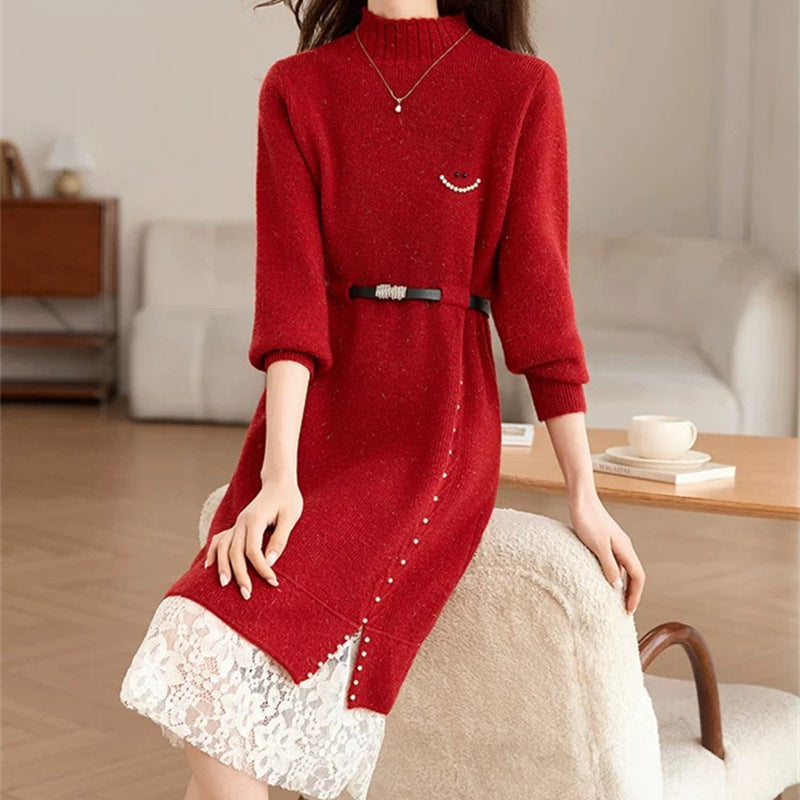 Damen Strickkleid mit elegantem Spitzensaum und taillierbarem Gürtel Drune