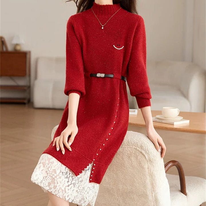 Damen Strickkleid mit elegantem Spitzensaum und taillierbarem Gürtel Drune