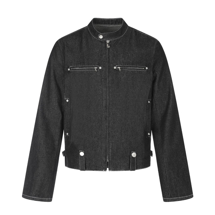 Herren Kurzer denim-inspirierter Worker-Blouson mit Stehkragen, Zipper-Brusttaschen und verstellbaren Taillenriegeln Drune